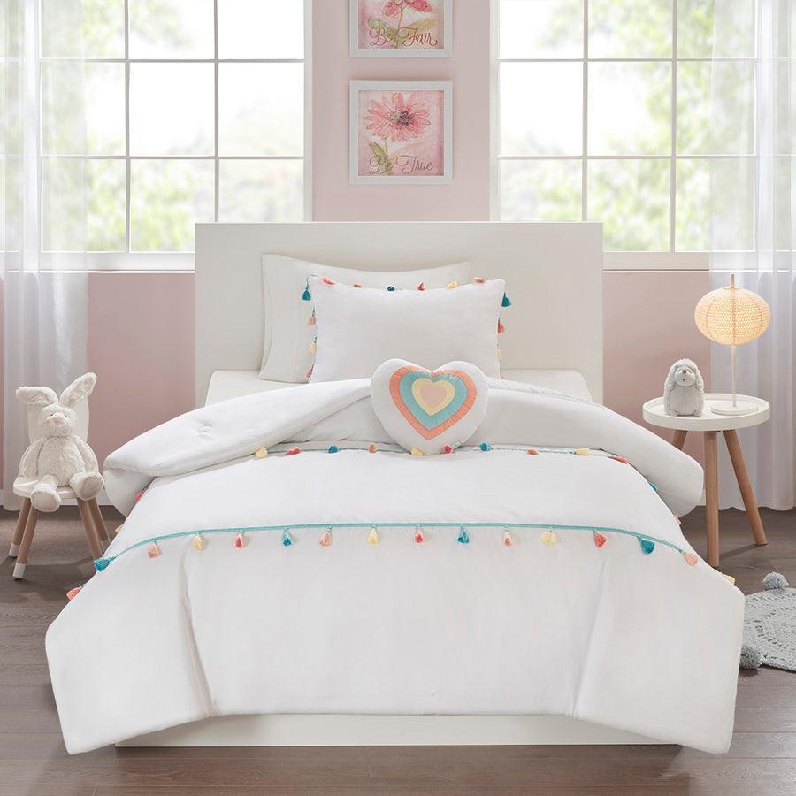 Tessa Twin Tassel Casual Comforter Set White Olliix.com