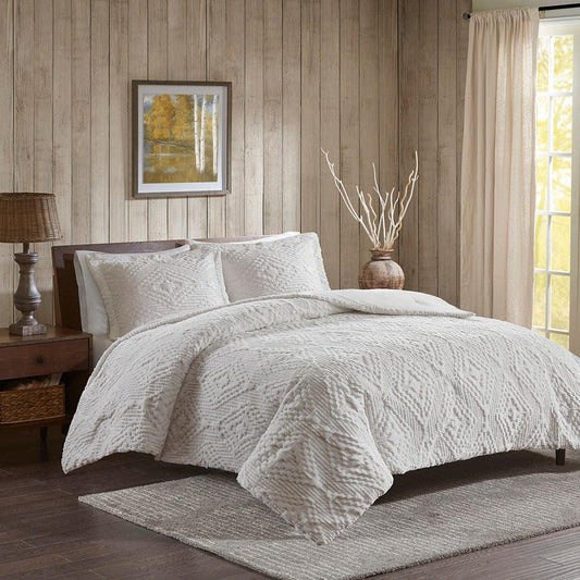 Teton Embroidered Plush Coverlet Set Full/Queen Ivory Olliix.com