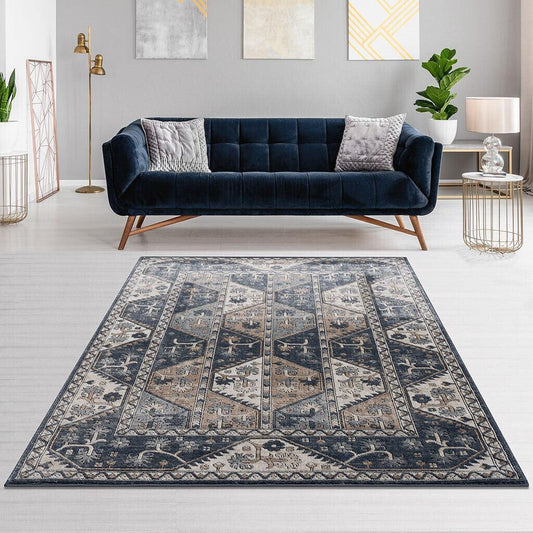 Tiled Border Area 8 x 10 Rug Blue & Cream Olliix.com