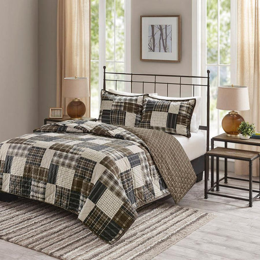 Timber Full/Queen 3 Piece Reversible Printed Coverlet Set Black & Brown Olliix.com