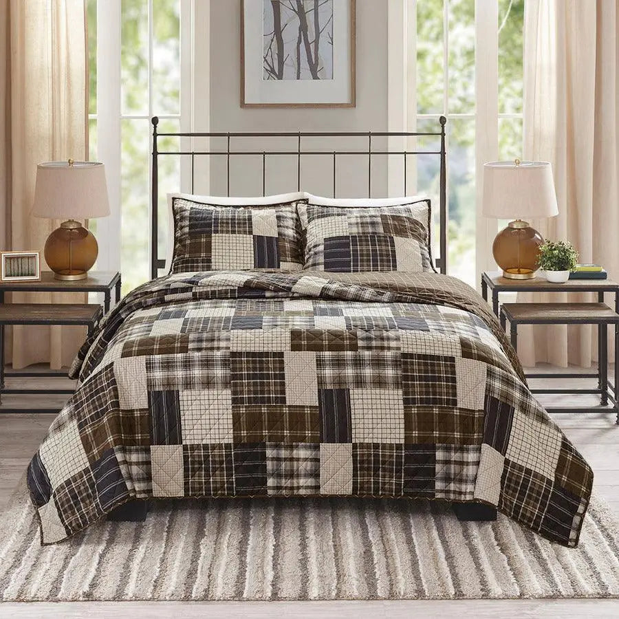 Timber Full/Queen 3 Piece Reversible Printed Coverlet Set Black & Brown Olliix.com