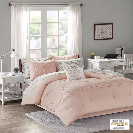 Toren Twin Embroidered Comforter and Sheet Set Pink Olliix.com