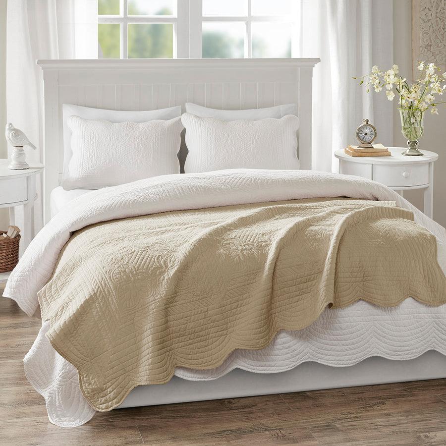 Tuscany Country Oversized Quilted Throw with Scalloped Edges 60x72" Khaki Olliix.com