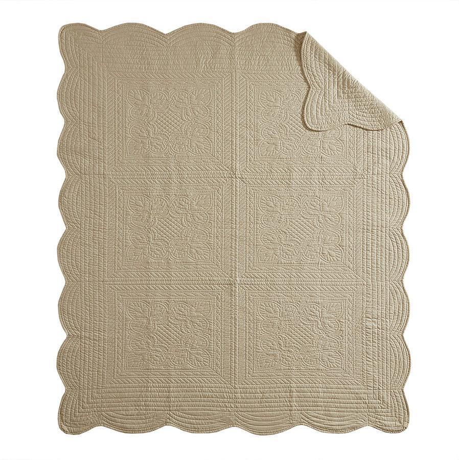 Tuscany Country Oversized Quilted Throw with Scalloped Edges 60x72" Khaki Olliix.com