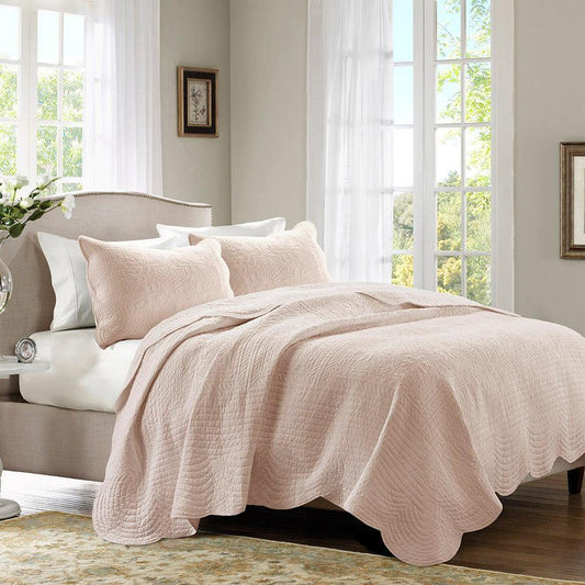 Tuscany Full/Queen 3 Piece Reversible Scalloped Edge Coverlet Set Blush Olliix.com