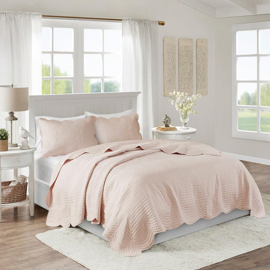 Tuscany Full/Queen 3 Piece Reversible Scalloped Edge Coverlet Set Blush Olliix.com