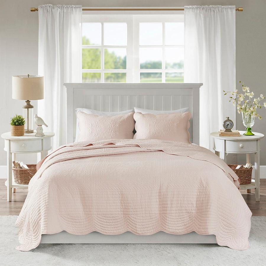 Tuscany Full/Queen 3 Piece Reversible Scalloped Edge Coverlet Set Blush Olliix.com