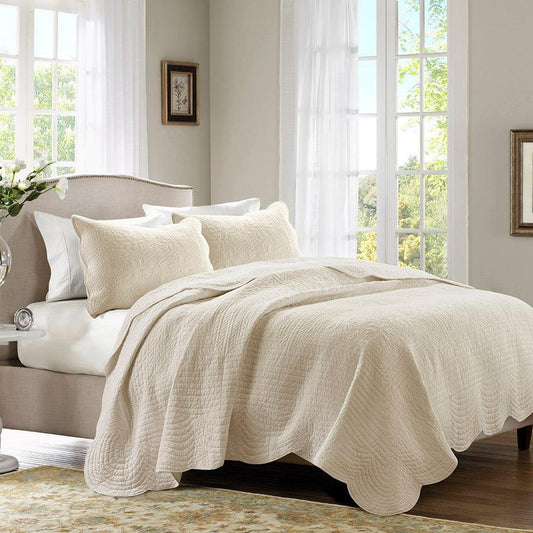 Tuscany Full/Queen 3 Piece Reversible Scalloped Edge Coverlet Set Cream Olliix.com