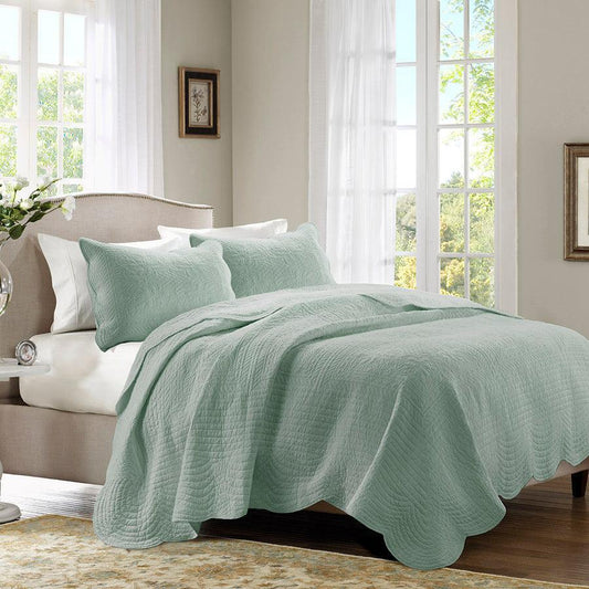 Tuscany Full/Queen 3 Piece Reversible Scalloped Edge Coverlet Set Seafoam Olliix.com