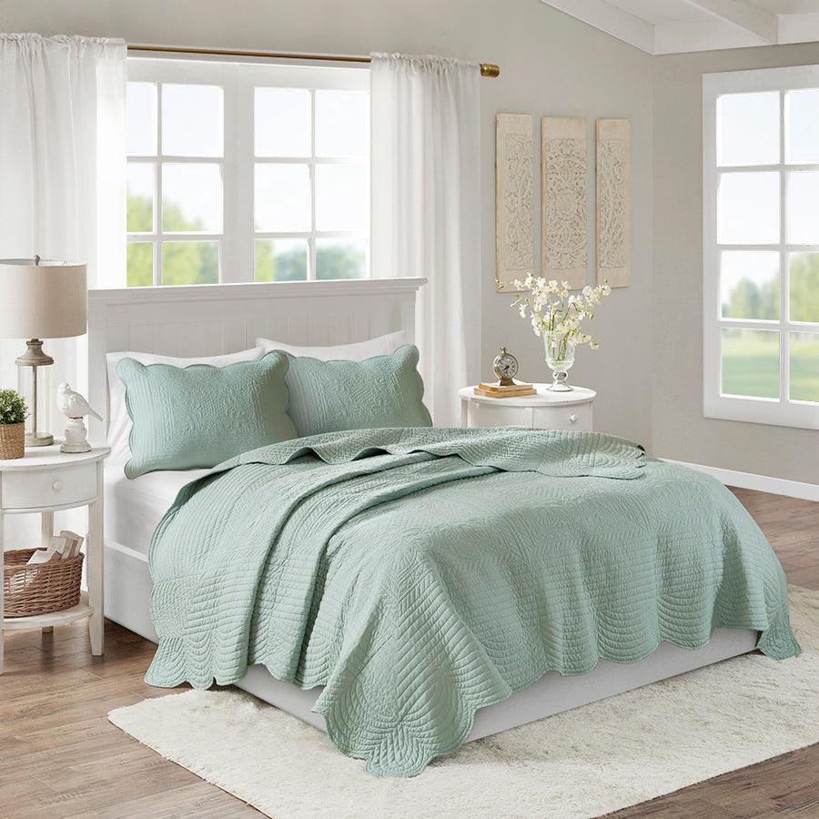 Tuscany Full/Queen 3 Piece Reversible Scalloped Edge Coverlet Set Seafoam Olliix.com