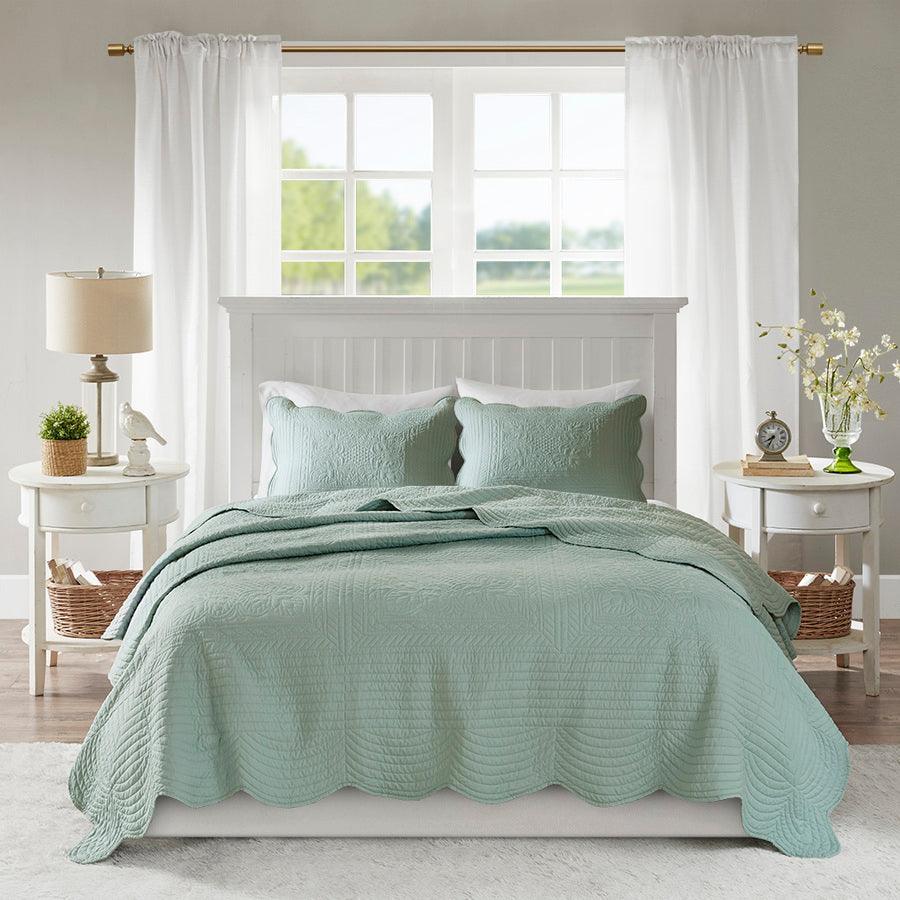 Tuscany Full/Queen 3 Piece Reversible Scalloped Edge Coverlet Set Seafoam Olliix.com