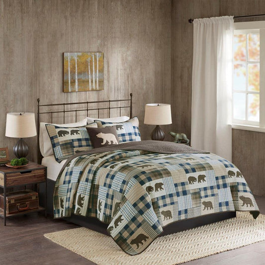 Twin Lodge/Cabin Falls Oversized 4 Piece Quilt Set King/CalKing Brown & Blue Olliix.com