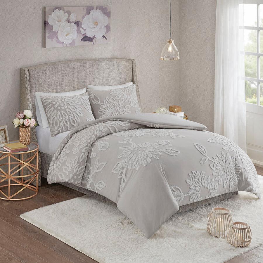 Veronica 3 Piece Chenille Floral Duvet Cover Set King/Cal King Gray & Whit Olliix.com