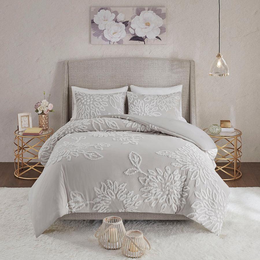 Veronica 3 Piece Chenille Floral Duvet Cover Set King/Cal King Gray & Whit Olliix.com