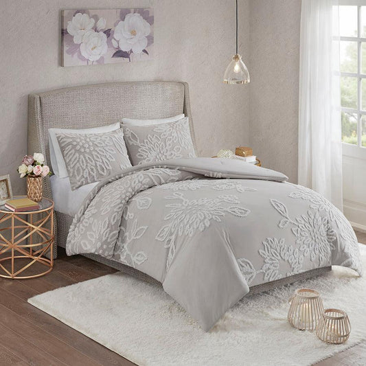 Veronica 3 Piece Tufted Cotton Chenille Floral Comforter Set Gray & White Full/Queen Olliix.com