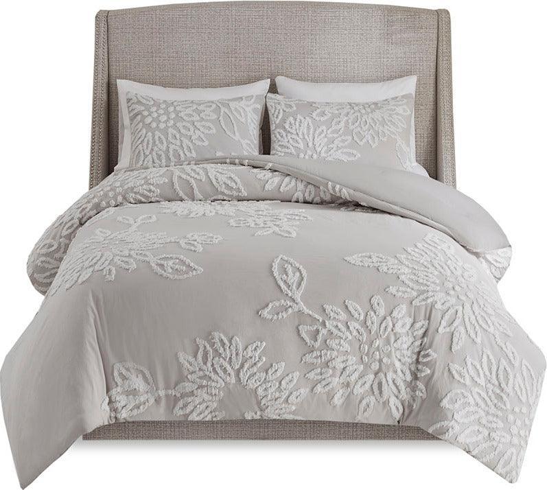 Veronica 3 Piece Tufted Cotton Chenille Floral Comforter Set Gray & White Full/Queen Olliix.com