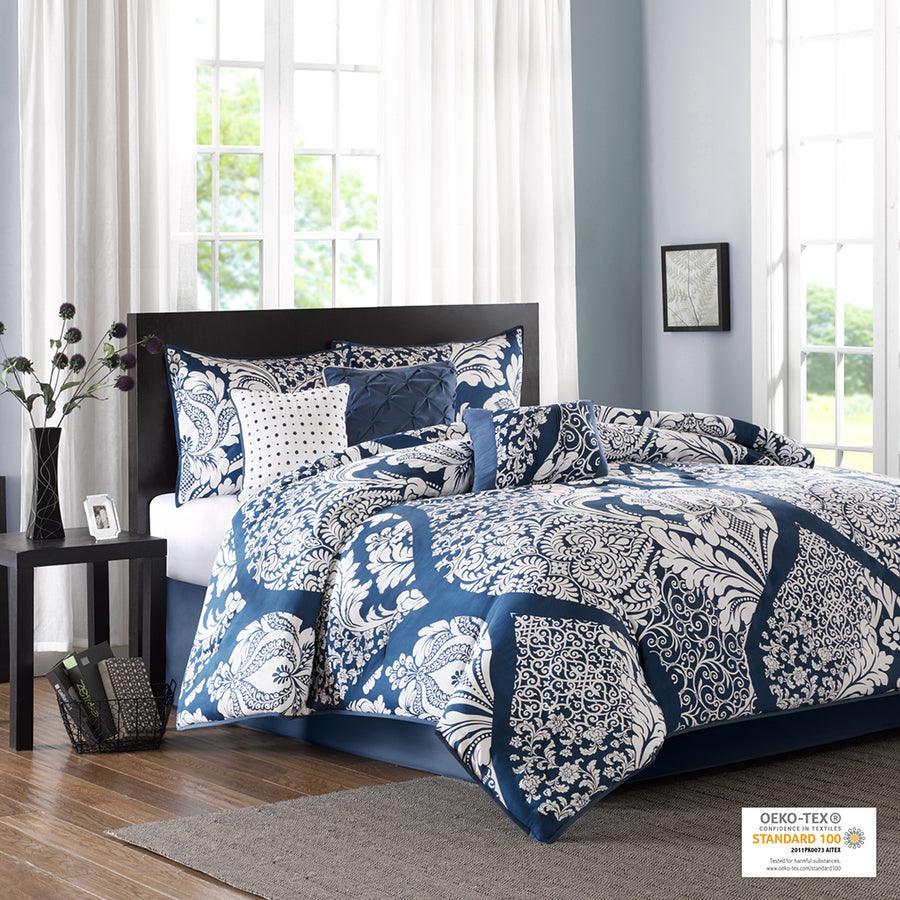 Vienna Queen 7 Piece Cotton Printed Comforter Set Indigo Olliix.com