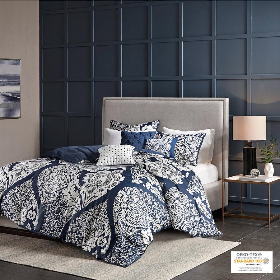 Vienna Transitional 6 Piece Printed Duvet Cover Set Full/Queen Indigo Olliix.com