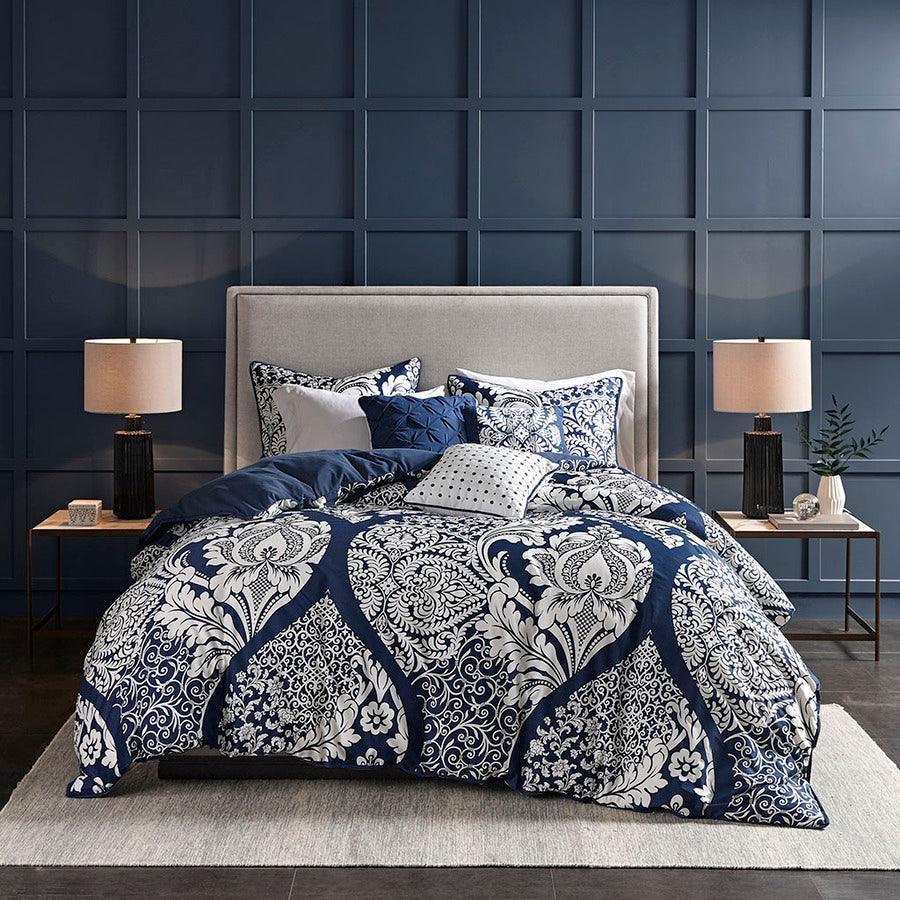 Vienna Transitional 6 Piece Printed Duvet Cover Set Full/Queen Indigo Olliix.com