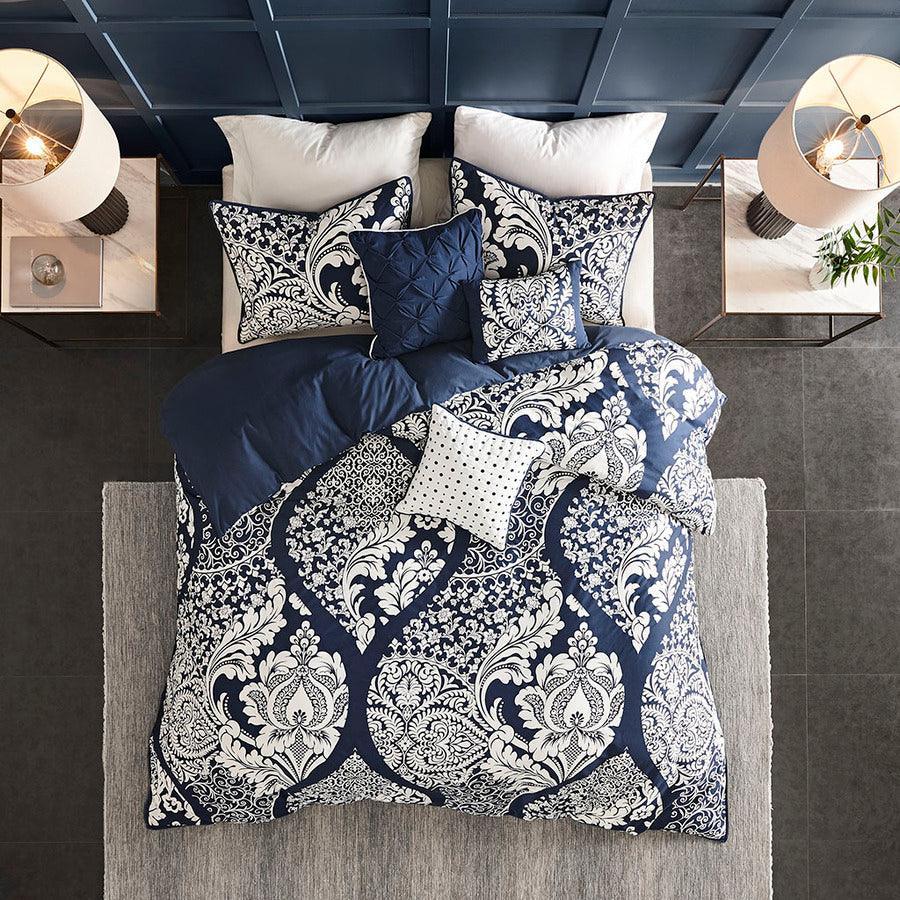 Vienna Transitional 6 Piece Printed Duvet Cover Set Full/Queen Indigo Olliix.com