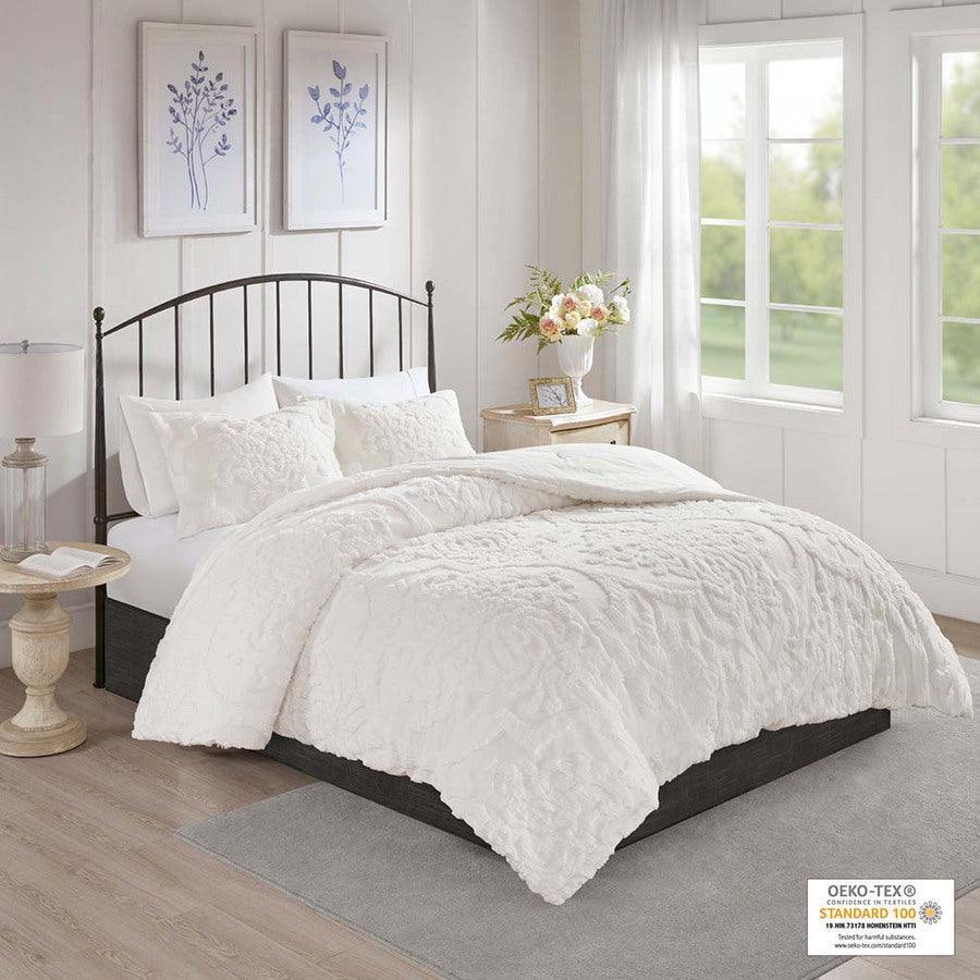 Viola 3 Piece Tufted 26 " W Cotton Chenille Damask Comforter Set White Full/Queen Olliix.com