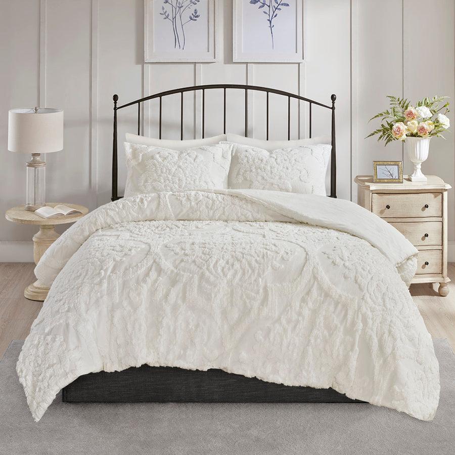 Viola 3 Piece Tufted 26 " W Cotton Chenille Damask Comforter Set White Full/Queen Olliix.com