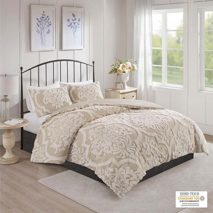 Viola 3 Piece Tufted Cotton Chenille Damask Comforter Set Taupe King/Cal King Olliix.com