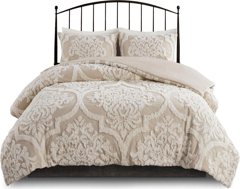 Viola 3 Piece Tufted Cotton Chenille Damask Comforter Set Taupe King/Cal King Olliix.com