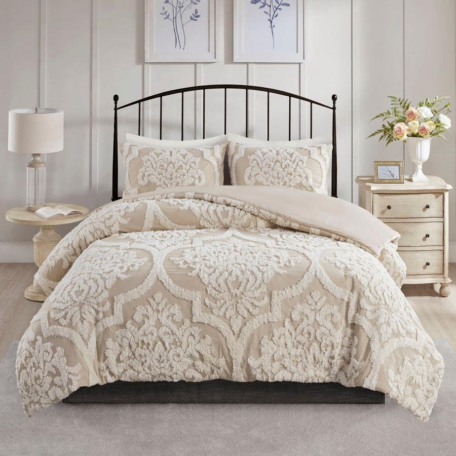 Viola 3 Piece Tufted Cotton Chenille Damask Comforter Set Taupe King/Cal King Olliix.com