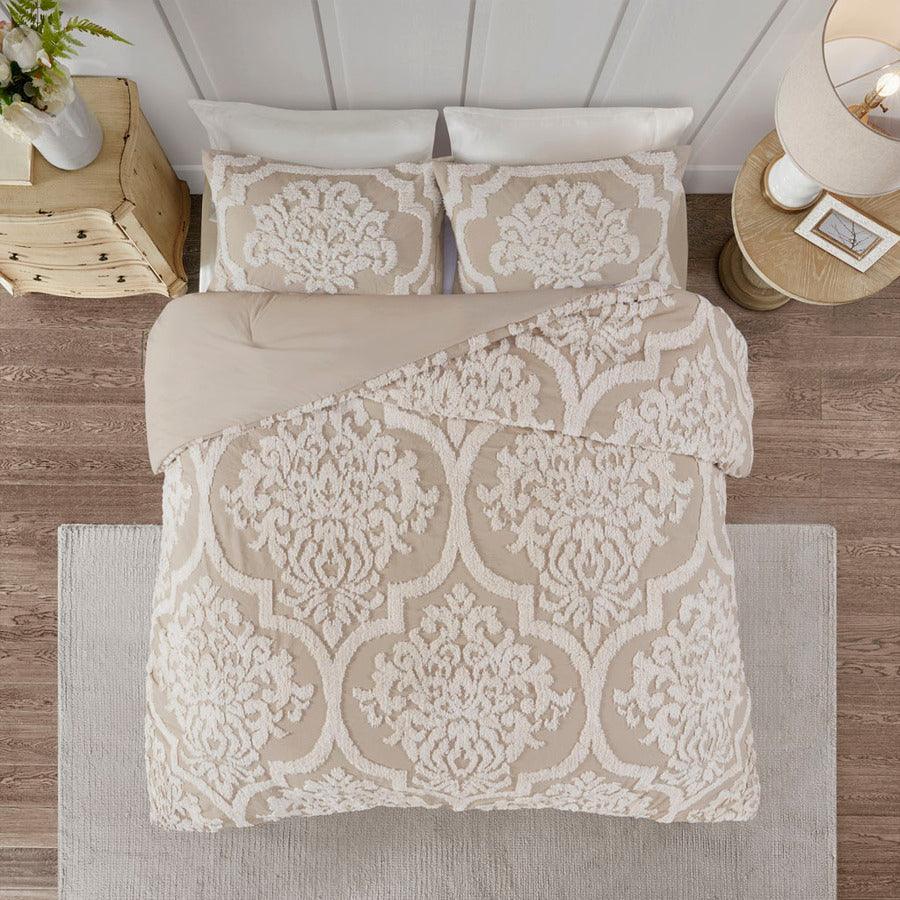 Viola 3 Piece Tufted Cotton Chenille Damask Comforter Set Taupe King/Cal King Olliix.com