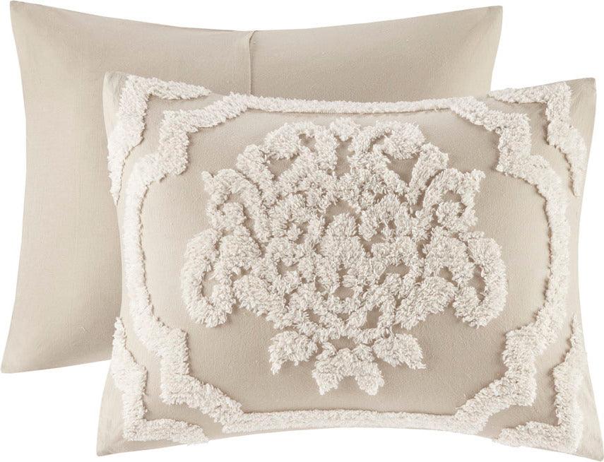 Viola 3 Piece Tufted Cotton Chenille Damask Comforter Set Taupe King/Cal King Olliix.com