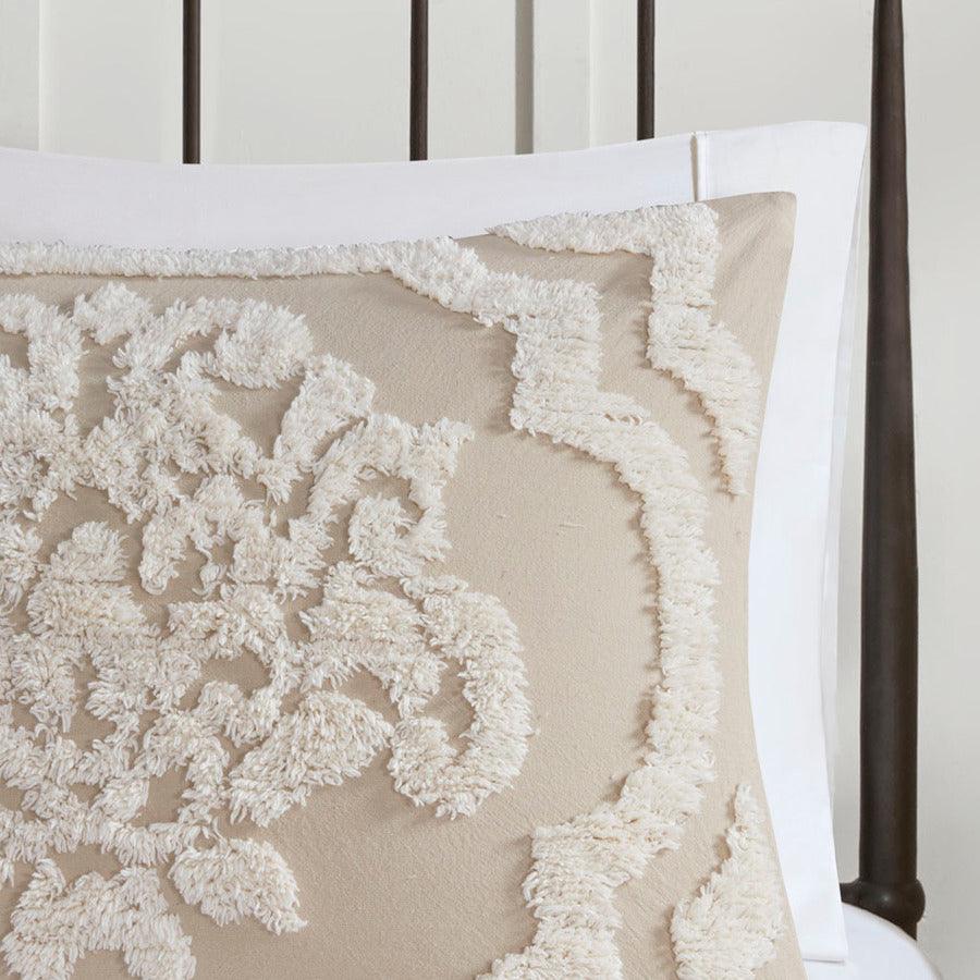 Viola Full/Queen 3 Piece Tufted Cotton Chenille Damask Comforter Set Taupe Olliix.com