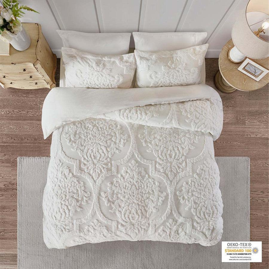 Viola Shabby Chic 3 Piece Tufted Cotton Chenille Damask Duvet Cover Set Full /Queen White Olliix.com