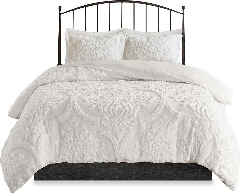 Viola Shabby Chic 3 Piece Tufted Cotton Chenille Damask Duvet Cover Set Full /Queen White Olliix.com