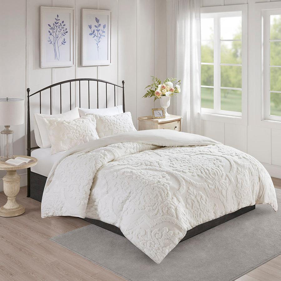 Viola Shabby Chic 3 Piece Tufted Cotton Chenille Damask Duvet Cover Set Full /Queen White Olliix.com