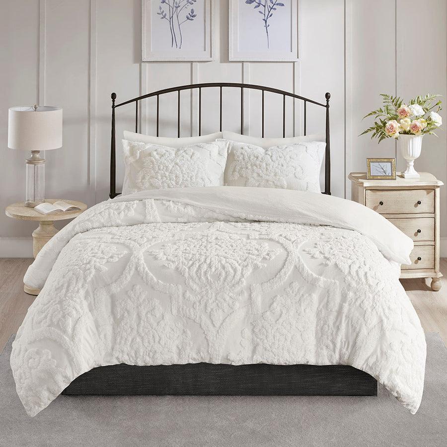 Viola Shabby Chic 3 Piece Tufted Cotton Chenille Damask Duvet Cover Set Full /Queen White Olliix.com