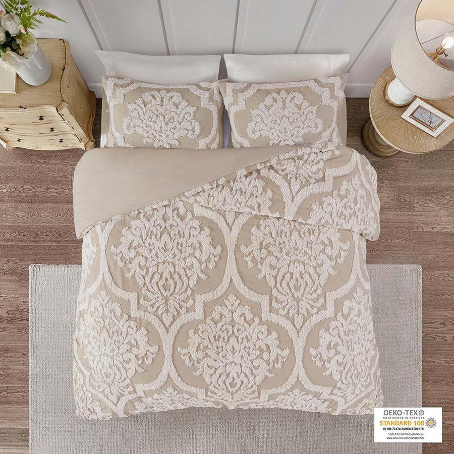 Viola Shabby Chic 3 Piece Tufted Cotton Chenille Damask Duvet Cover Set Full/Queen Taupe Olliix.com