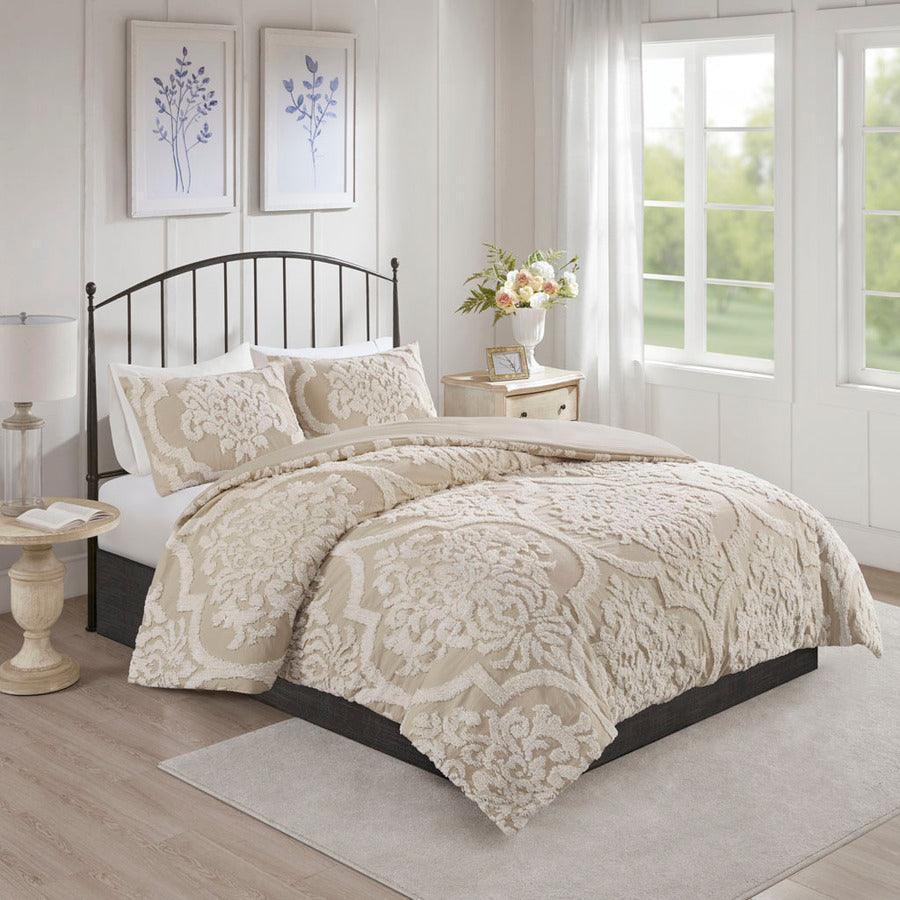 Viola Shabby Chic 3 Piece Tufted Cotton Chenille Damask Duvet Cover Set Full/Queen Taupe Olliix.com