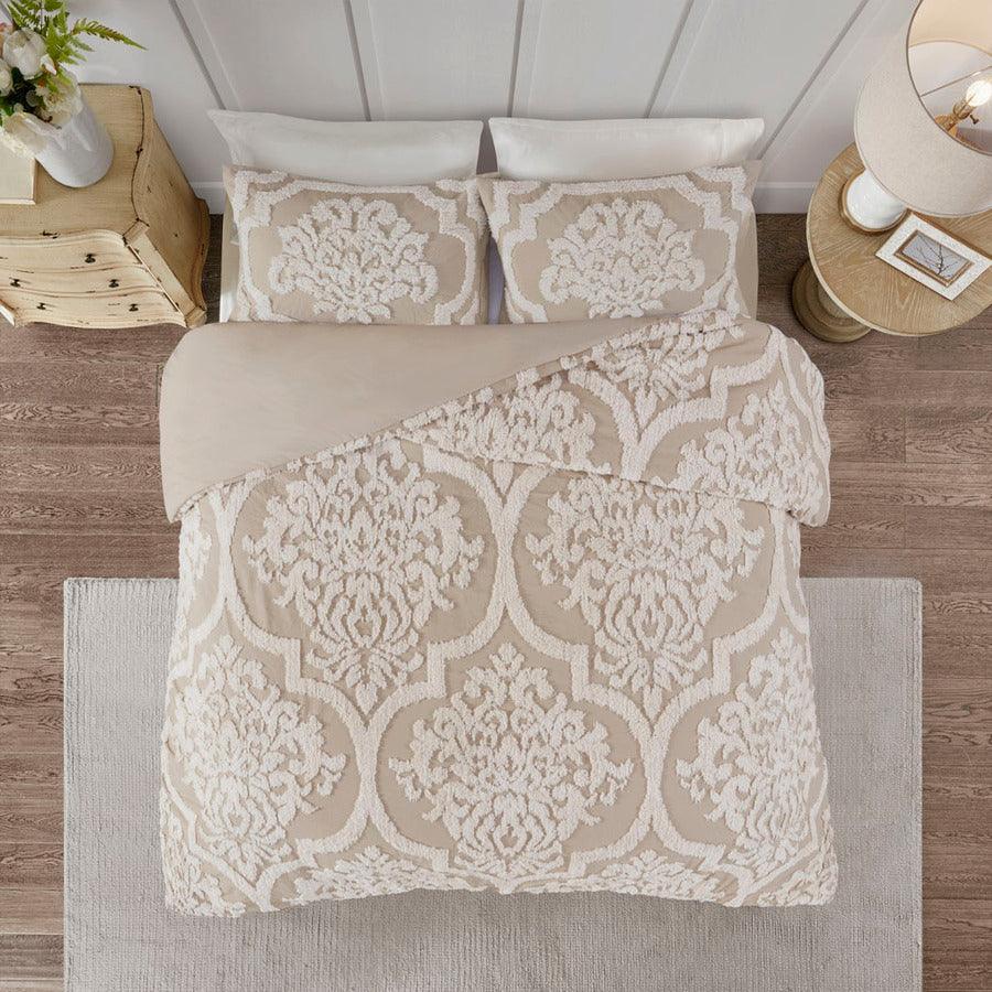 Viola Shabby Chic 3 Piece Tufted Cotton Chenille Damask Duvet Cover Set King/Cal King Taupe Olliix.com