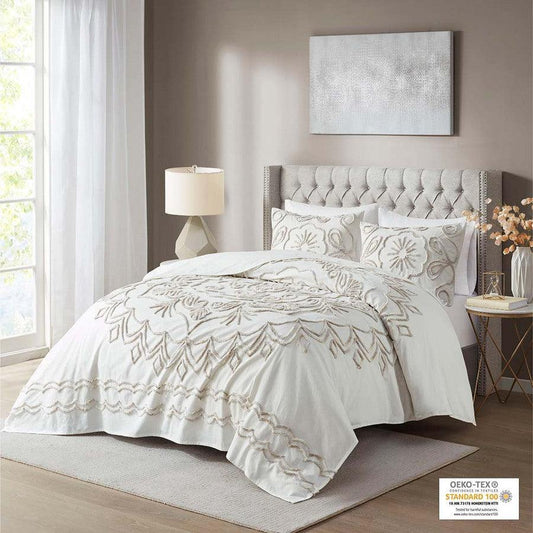 Violette Full/Queen 3 Piece Tufted Cotton Chenille Coverlet Set Ivory & Taupe Olliix.com