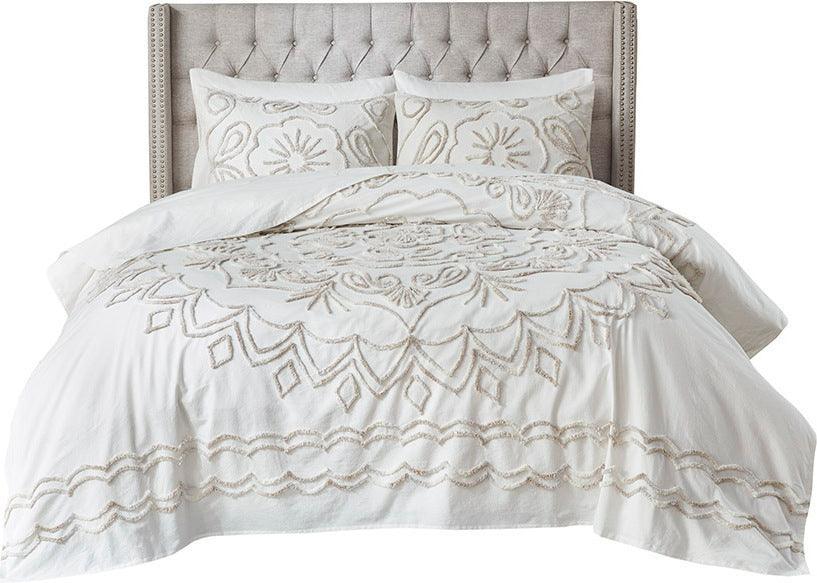 Violette Full/Queen 3 Piece Tufted Cotton Chenille Coverlet Set Ivory & Taupe Olliix.com