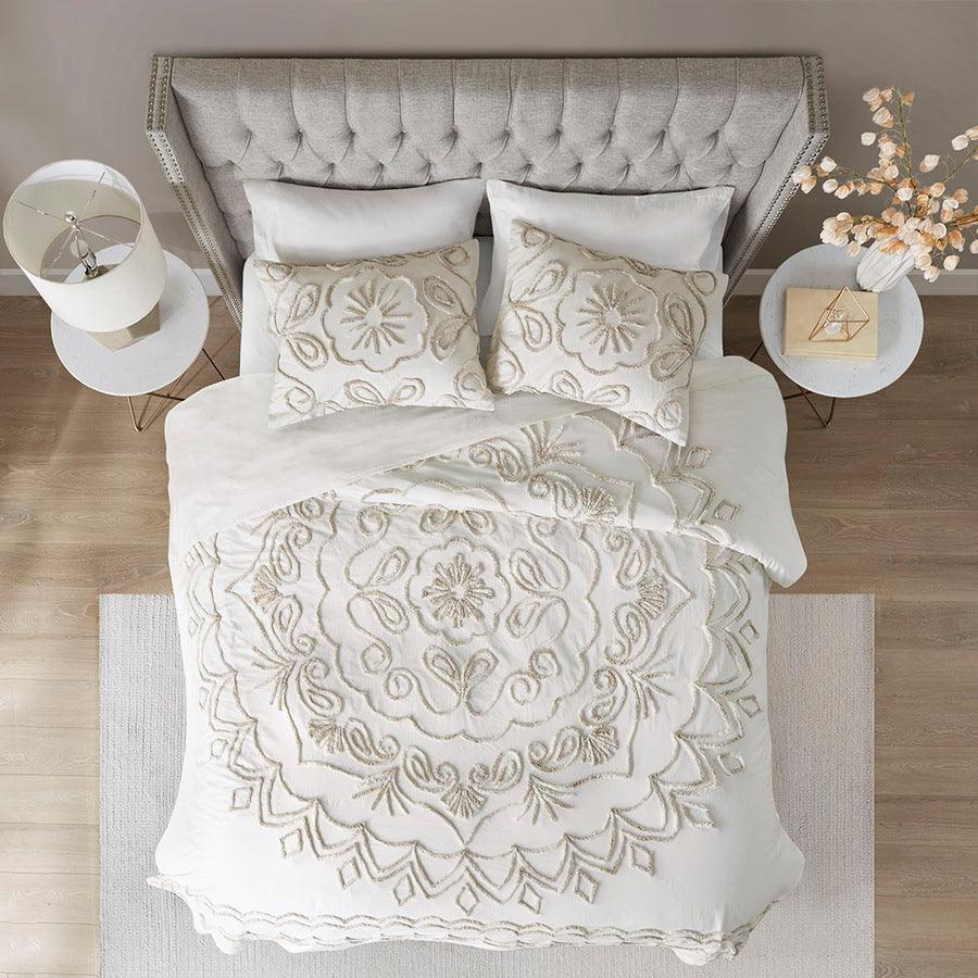 Violette Full/Queen 3 Piece Tufted Cotton Chenille Coverlet Set Ivory & Taupe Olliix.com