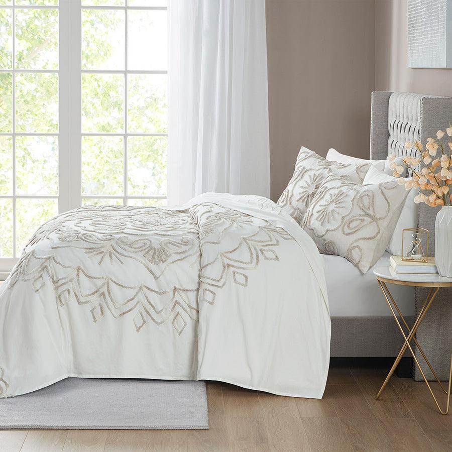 Violette Full/Queen 3 Piece Tufted Cotton Chenille Coverlet Set Ivory & Taupe Olliix.com