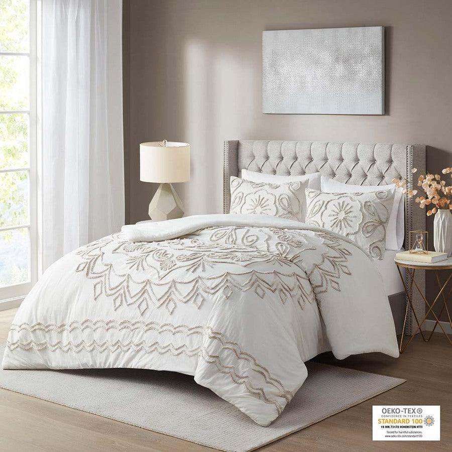 Violette Full/Queen 3 Piece Tufted Global Inspired Cotton Chenille Comforter Set Ivory & Taupe Olliix.com