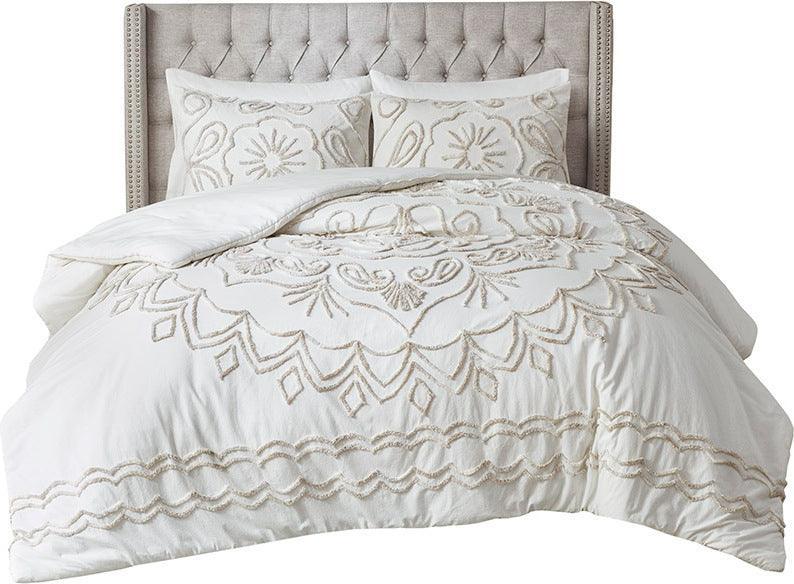 Violette Full/Queen 3 Piece Tufted Global Inspired Cotton Chenille Comforter Set Ivory & Taupe Olliix.com