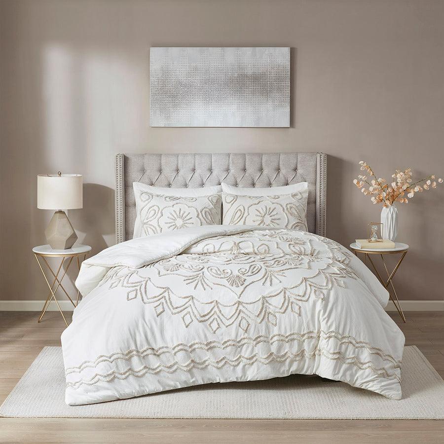 Violette Full/Queen 3 Piece Tufted Global Inspired Cotton Chenille Comforter Set Ivory & Taupe Olliix.com