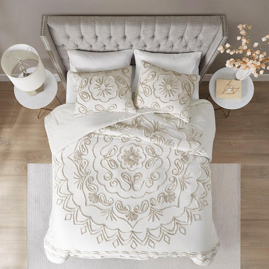 Violette Full/Queen 3 Piece Tufted Global Inspired Cotton Chenille Comforter Set Ivory & Taupe Olliix.com