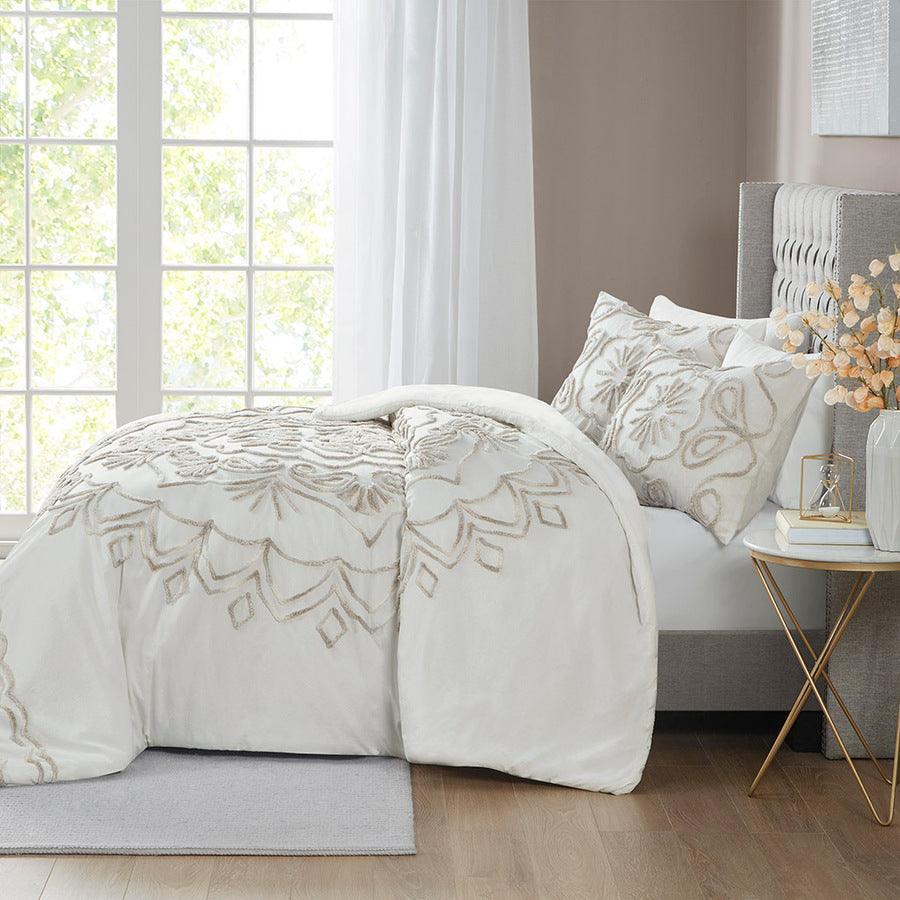 Violette Full/Queen 3 Piece Tufted Global Inspired Cotton Chenille Comforter Set Ivory & Taupe Olliix.com