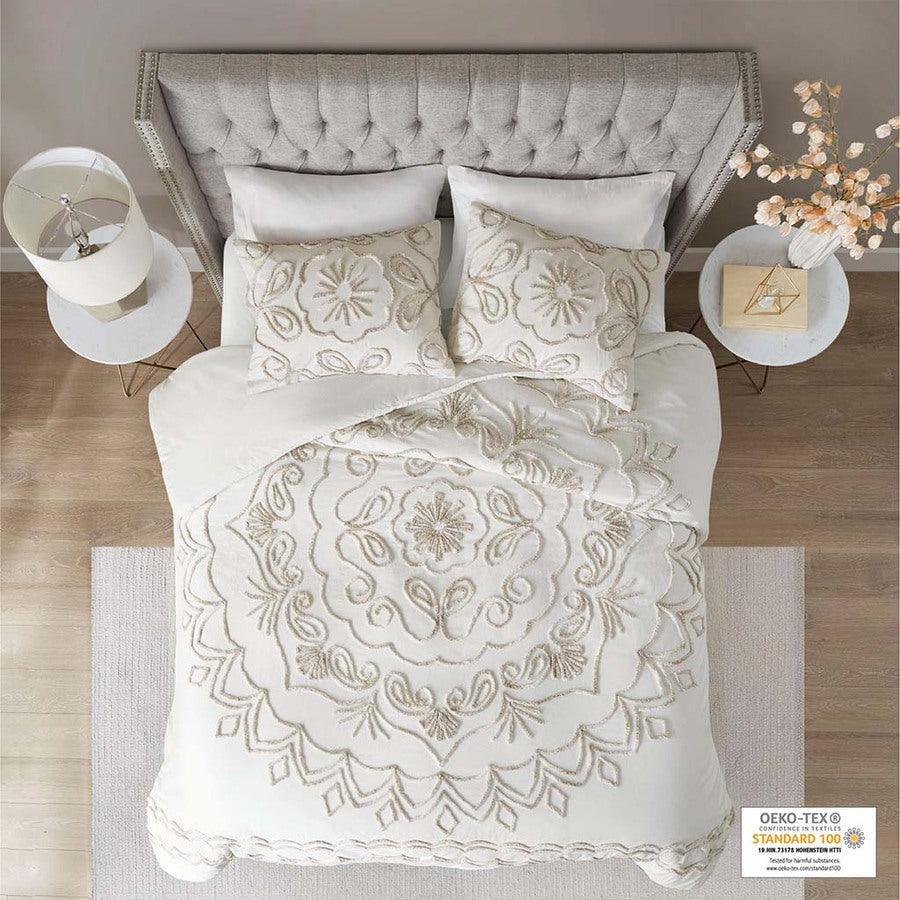 Violette Global Inspired 3 Piece Tufted Cotton Chenille Duvet Cover Set Full/Queen Ivory & Taupe Olliix.com