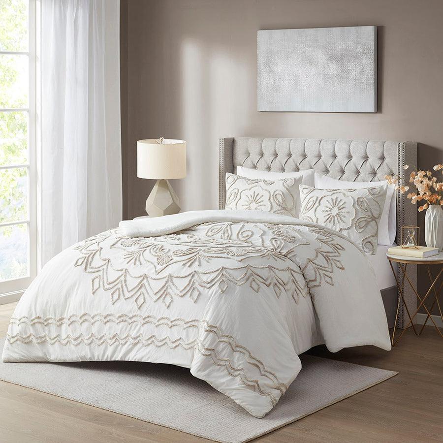 Violette Global Inspired 3 Piece Tufted Cotton Chenille Duvet Cover Set Full/Queen Ivory & Taupe Olliix.com